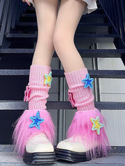 Y2K Style Pink Star-Decorated Knitted Leg Warmers