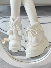 White Sweet Lolita Slip-On Round-Toe Ankle Boots with Bows Decor & Pompon Accents