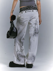 Vintage White Punk Distressed Jeans with Leopard Print Waistband & Botanical Print