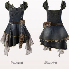 Plus Size Gyaru Fashion Leopard Patchwork Blue Puff Sleeves Denim Dress with Waist Belt