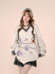 White Stripes V-Neck Plush Sweater with Ocean Print