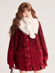Red Distressed Edge Cardigan with V-Neck & Single-Button Closure