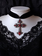 Victorian Gothic Red Rhinestones Black Velvet Cross Choker