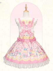 Yellow & Pink Sweet Bunny and Cupcake Print Lolita Overall Dress