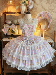 Purple Floral and Crystal Chandelier Print Lolita JSK with Bow Accents