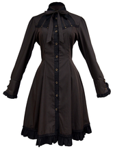 Black and Coffee Natural Waist Shirt Collar Self-tie Straps Shirt Dress