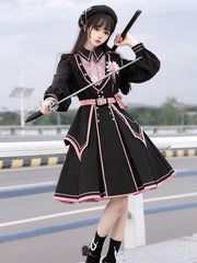 Black and Pink V-neck Ruffled Military Lolita Dress with Belt Design and Buttons Details