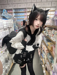 Otaku-Kawaii Black and White Softgirl Sweatshirt with Grumpy Cat Embroidery & Detachable Sailor Collar
