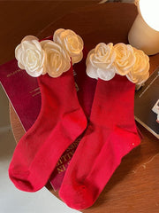Red Ankle Socks With White/Black Camellia Decoration Cuff