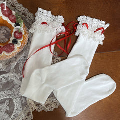 White Lace Trims Underknee Stockings with Red Ribbons/Bear Charm Leg Loop
