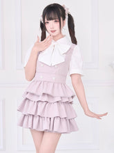 White Short Sleeve Jirai Kei Blouse with Detachable Bow Brooch and Lace Trim