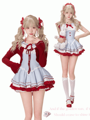 Red Knit Cardigan with Tie Closure and Flared Cuffs