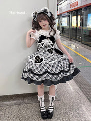 White & Black Plaid Sweetheart Appliques Sweet Lolita JSK Dress with Scalloped Edge Trim