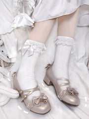 White/Black/Creamy Yellow Detachable Bow Ruffled Cuff Lolita Cotton Socks