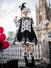 Black Stripes Clowncore Lolita Dress Set - Juliette Sleeves OP + Detachable Printed Panel + Bow + KC + Waist Belt