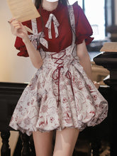 Wine Red Jacquard Overall Dress Bubble Skirt with Lace-up Waist