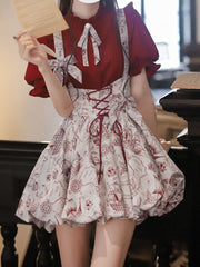 Wine Red Ruffle Neckline Blouse with Puff Sleeves and Pleating Details