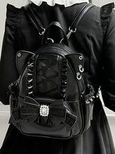 Jirai Kei Black Cat Ear Backpack With Beaded and Rhinestone Bow