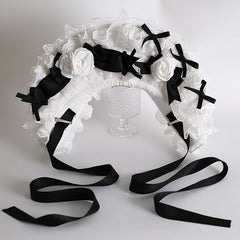 Black&White Maid Lolita Floral Design Bowknot Details Lace Trim Bonnet