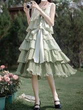 Mori Kei Green Patchwork Sleeveless Dress with Tiered Ruffles