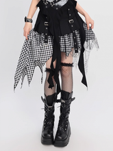 Y2K Black & Blue/ Black & White Handkerchief Hem Mesh Patchwork Plaid Skirt