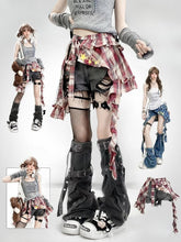 Y2K Bittersweet Black Distressed Holes Design Shorts + Leg Warmers + Red Plaid Accessory