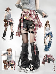 Y2K Bittersweet Black Distressed Holes Design Shorts + Leg Warmers + Red Plaid Accessory