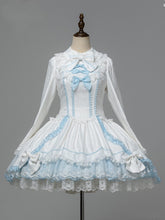 White & Blue Lace-Trimmed Sweet Lolita Dress with Bows and Petal-Edged Cuffs