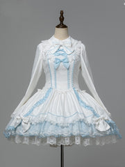 White & Blue Lace-Trimmed Sweet Lolita Dress with Bows and Petal-Edged Cuffs