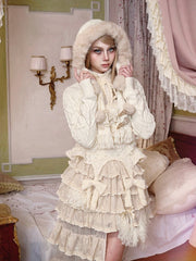 Cream White Cable Knit Cropped Hooded Cardigan with Detachable Fur Trim