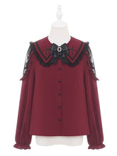 Wine Red Cross Embroidered Pointed Collar Blouse with Lace Shoulders