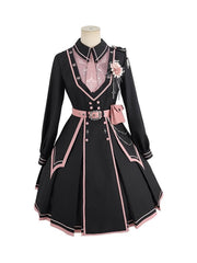 Black and Pink V-neck Ruffled Military Lolita Dress with Belt Design and Buttons Details