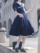 Dark Blue Navycore Short Sleeves Dress with Sailor Collar and Box Pleat