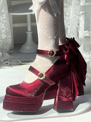 Wine Red Detachable Bowknot Lily of the Valley Embroidery High Block Heel Platform Mary Janes