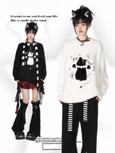 White/Black Kawaii Knit Sweater - Flocked Cat Embroidery & Collar Belt Detail