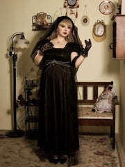 Plus Sizes Available Black Empire Waist Vintage Dress Square Neckline Elegant Lolita One Piece