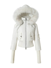 White Wasteland Punk Hoodie Jacket with Knitted Sleeves & Two-Way Zip Placket