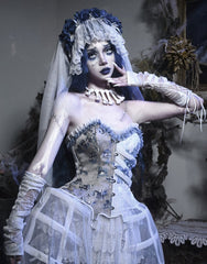 Half White Half Dusty Blue Corpse Bride Floral Embroidery Goth Boned Corset Top