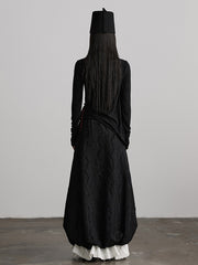 Urban Goth Black Floral Embroidery Bubble Skirt with Braided Rope Decor