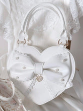 Sweet Lolita Heart-shaped White Hand/Crossbody Bag with Beaded Decorated Bow & Detachable Strap