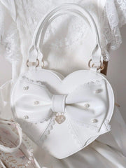 Sweet Lolita Heart-shaped White Hand/Crossbody Bag with Beaded Decorated Bow & Detachable Strap