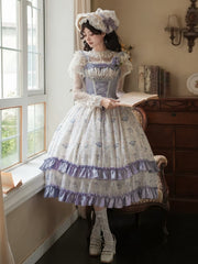 Purple Boned Corset Bodice Iris Print Lolita Dress Classic Floral Print Lolita Jumper Skirt