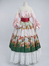 Historical Full Set- Pink Poet Blouse + Green Crystal Tassel Floral Skirt + Red Wide Belt