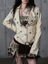 Tailored Cropped Punk Khaki Yellow Jacket with Rose Embroidery & Buckle Belt