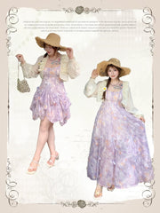 Plus Size Purple Bowknots Details Chiffon Floral Cami Dress Three Ways Wear