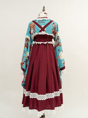 Blue Bear Print Crossover Design Top + Red Lace Trimmed JSK Dress Wa Lolita Set