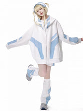 White and Blue Mesh Splicing Zip Hoodie Tenshi Kaiwai Sweatshirt