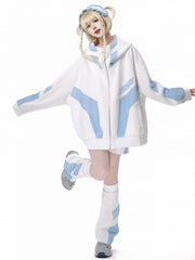 White and Blue Mesh Splicing Zip Hoodie Tenshi Kaiwai Sweatshirt