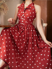 Red Polka Dots Pattern Print Retro Fashion Backless Dress Big Bow Back Halter Neck