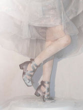 Clearance - Size 36 for Foot Lengh 23cm Satin Square Toe Elegant Gray Ballet Middle Heels - Crisscross Design & Knotted Bow at Top